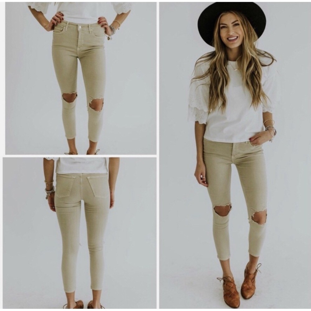 Free People Womens High Rise Busted Distressed Skinny Jeans Khaki Tan size 27 - Picture 4 of 9
